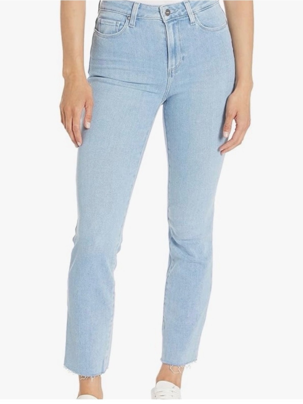 PAIGE Cindy Light Blue High Rise Straight Leg Cropped Raw Hem Jeans